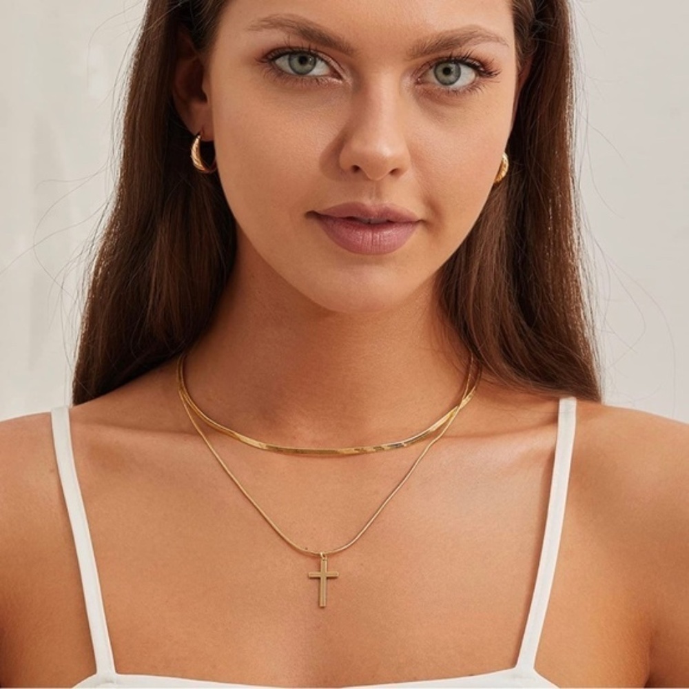 GOLD 14k Plated 2pc Cross Herringbone Necklace